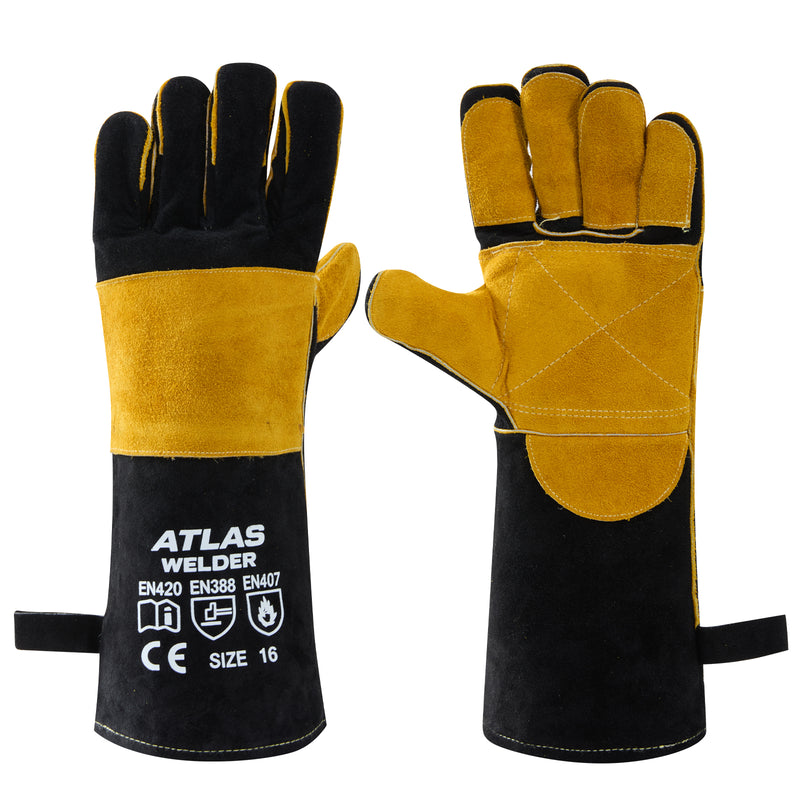 16-Inch Leather Welding Gloves, 932°F Heat Resistant, MIG, TIG & Stick - Black