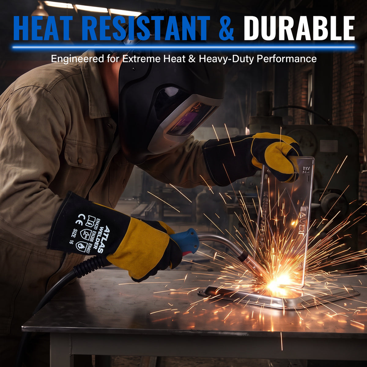 16-Inch Leather Welding Gloves, 932°F Heat Resistant, MIG, TIG & Stick - Black