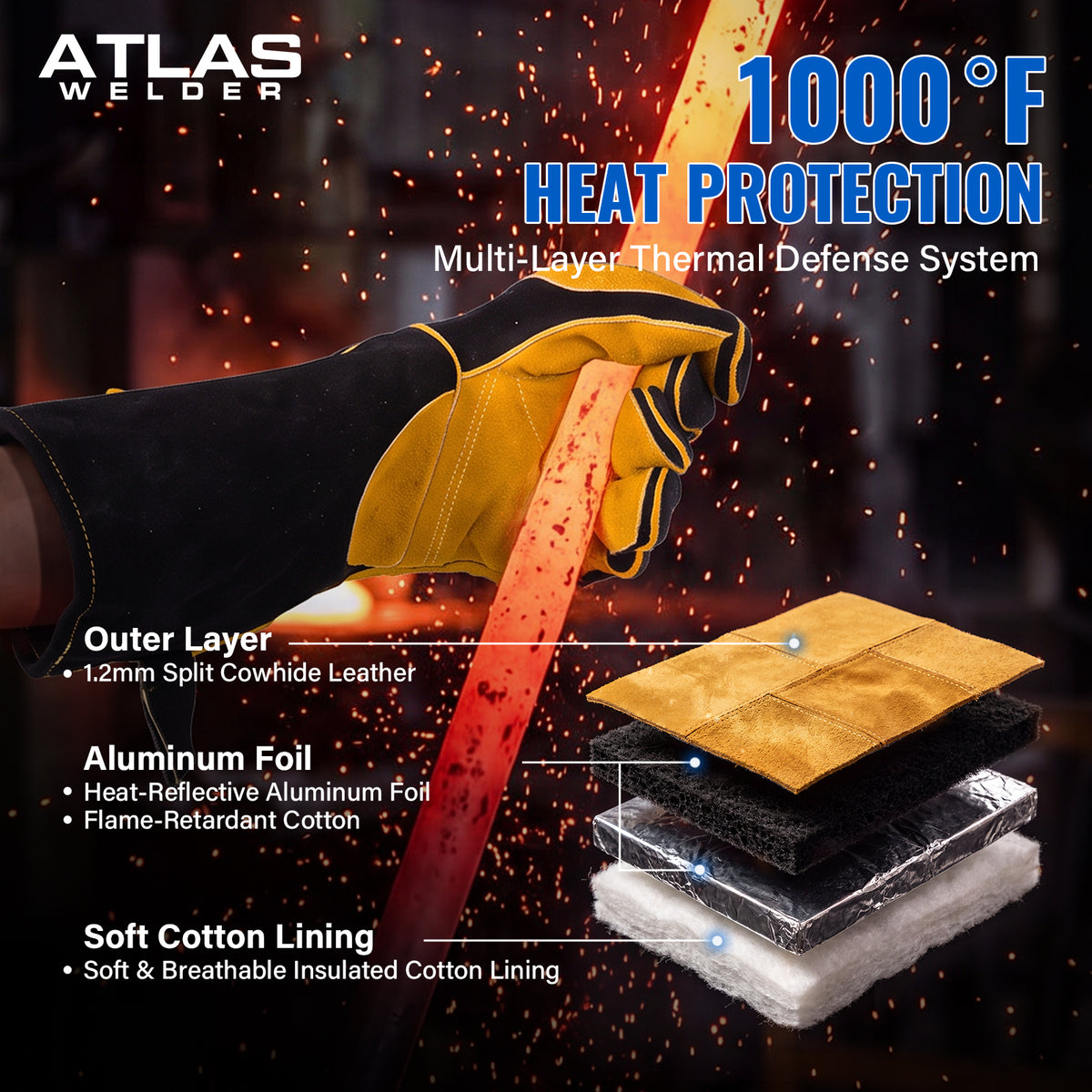 16-Inch Leather Welding Gloves, 932°F Heat Resistant, MIG, TIG & Stick - Black