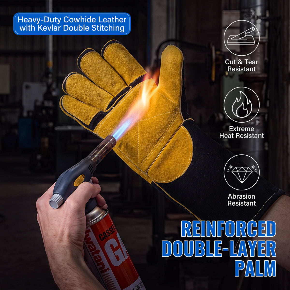 16-Inch Leather Welding Gloves, 932°F Heat Resistant, MIG, TIG & Stick - Black