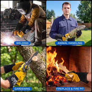 16-Inch Leather Welding Gloves, 932°F Heat Resistant, MIG, TIG & Stick - Black